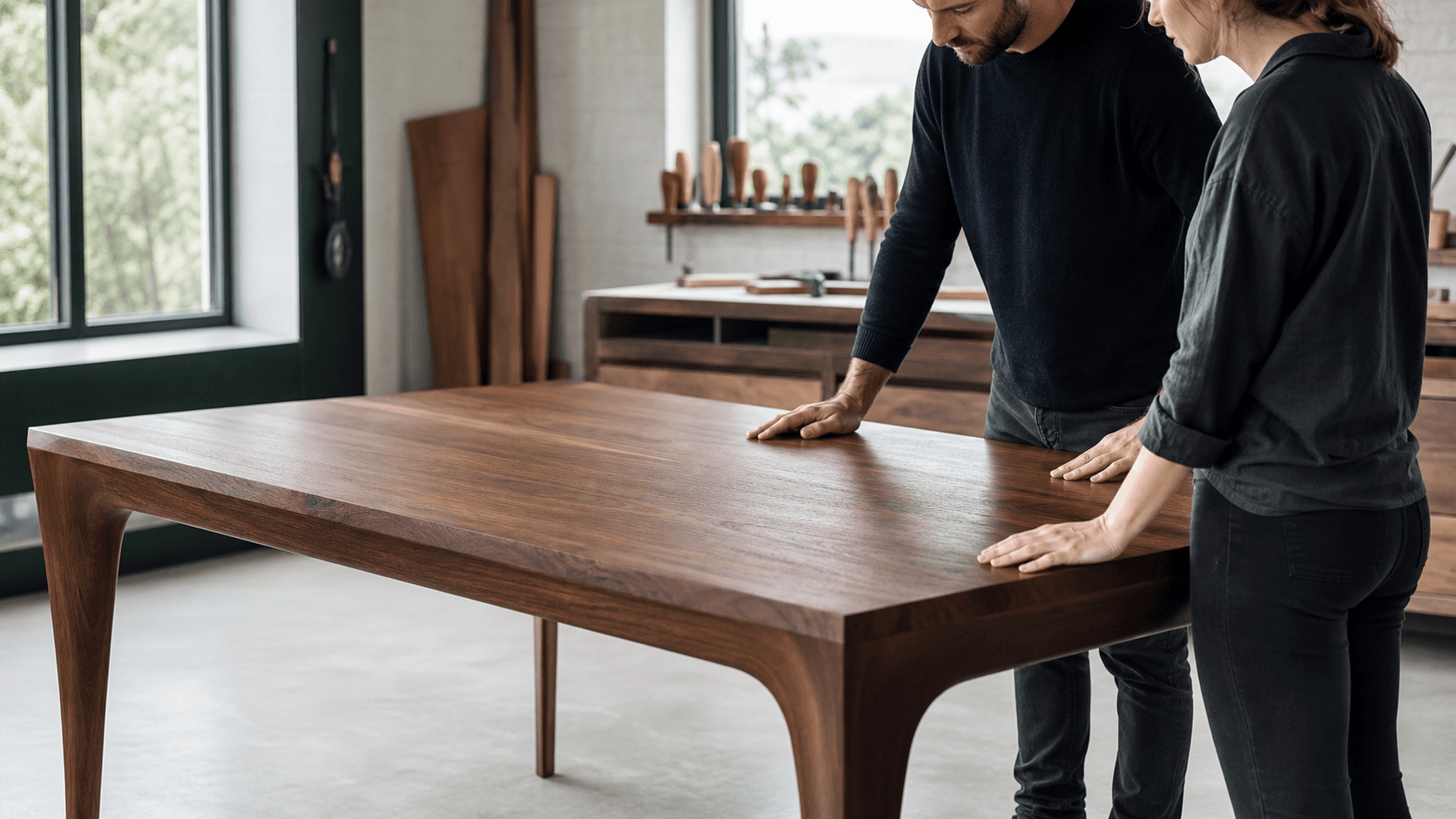 A maker and client inspecting a finished handcrafted table